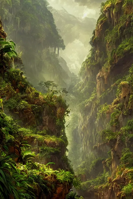 Image similar to the lost valley, rock arcs, lush vegetation, exotic forrest and plants, landscape, alex ross, eddie mendoza, raphael lacoste, sebastian ludke, concept art, matte painting, highly detailed, rule of thirds, dynamic lighting, cinematic, detailed, magnificiant landscape, denoised, centerd