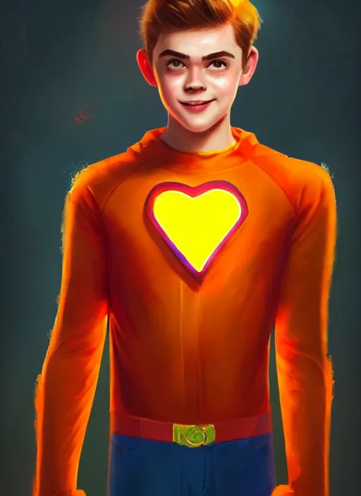 Image similar to kind teenage archie andrews wearing an orange superhero costume, freckles, superhero costume with heart emblem, cape, intricate, elegant, glowing lights, highly detailed, digital painting, artstation, sharp focus, illustration, art by wlop, mars ravelo and greg rutkowski