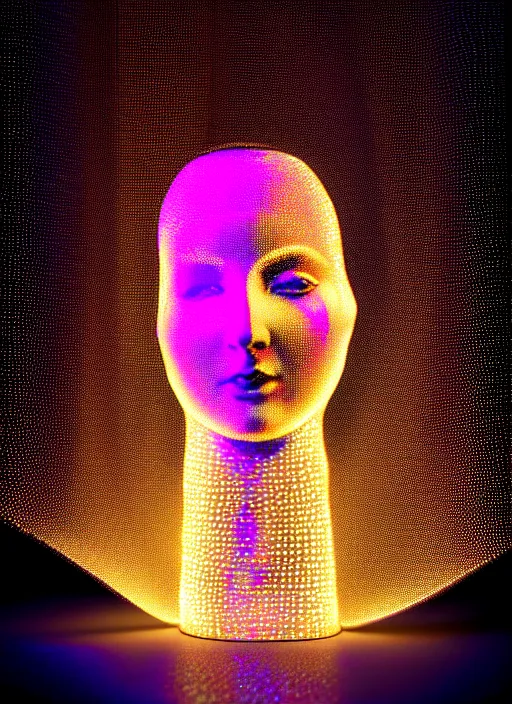 Image similar to queen chess piece photo, beautiful veil of led point lights, pearlescent skin, skin made of led point lights, very detailed, highly detailed background, reflective chessboard, photorealism, sharp focus, photorealism,sculpture , soft diffuse autumn lights, some sunlight ray, dark room wall, canon 5D 50 mm lens