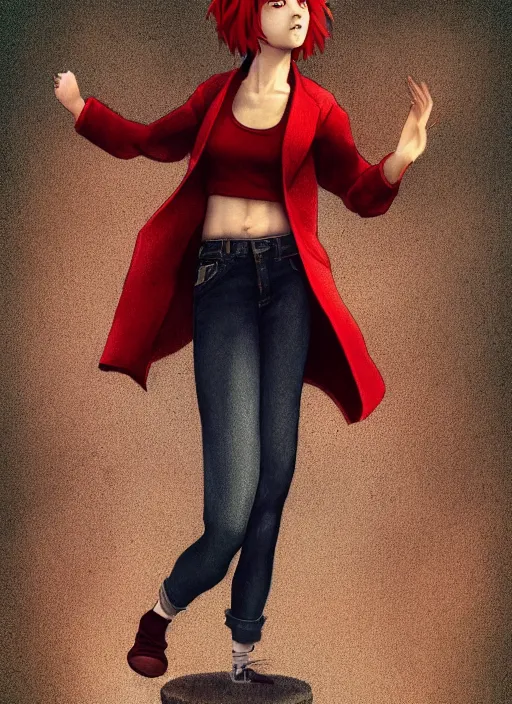 Prompt: full-body shot of an attractive tomboy girl mid jump with long, crimson red hair and red eyes, wearing a brown, open jacket and green jeans with a stern look, midriff, concept art, character design, by WLOP, by Ross Draws, by Tomine, by Satoshi Kon, by Rolf Armstrong