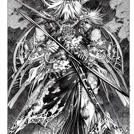 Image similar to highly detailed perspective drawing black and white goetic pen and ink manga panel by hiroya oku!! mucha sword concept art design