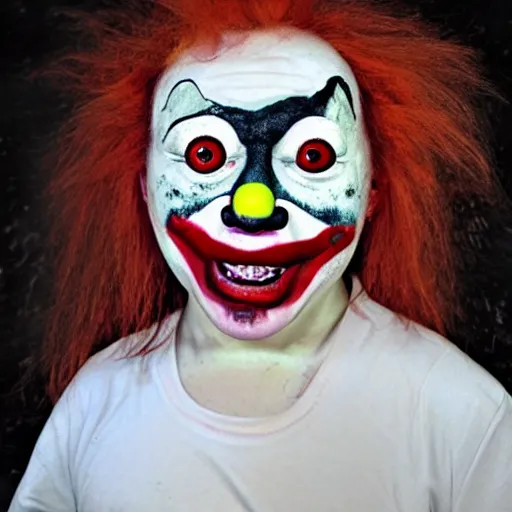 Prompt: distorted clown with bloody eyeballs, scary stories to tell at night