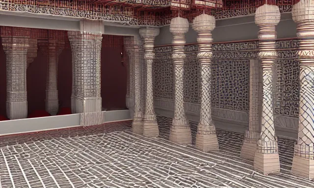 Prompt: 3d lowpoly hindu temple mosque interior