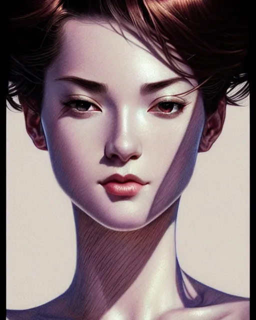 Image similar to ' bored woman with short hair ', closeup shot of face, beautiful shadowing, 3 d shadowing, reflective surfaces, illustrated completely, 8 k beautifully detailed pencil illustration, extremely hyper - detailed pencil illustration, intricate, epic composition, masterpiece, bold complimentary colors. stunning masterfully illustrated by artgerm, range murata, alphonse mucha, katsuhiro otomo.