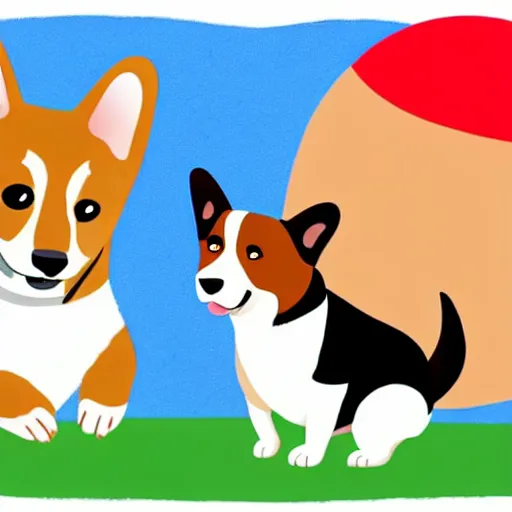 Image similar to illustration of french boy in paris playing football against a corgi, the corgi is wearing a polka dot scarf