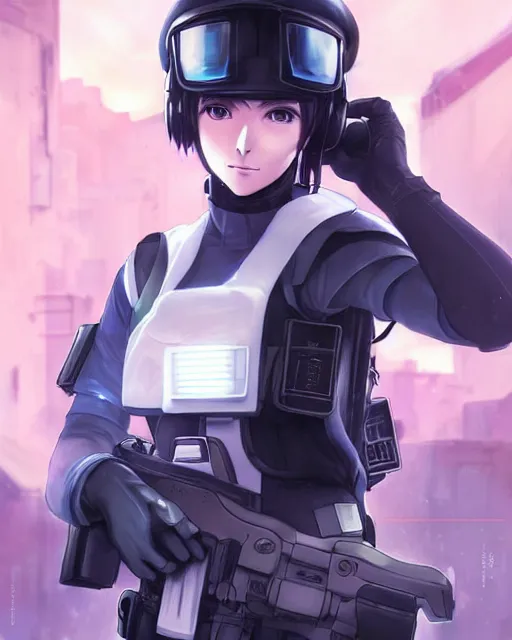 Image similar to nami, anime key visual of a young female swat officer, neon, cyberpunk, futuristic, white clothing, black vest, swat helmet, stunning, highly detailed, digital painting, smooth, soft focus, illustration, 4 k digital art from artstation by artgerm and greg rutkowski and alphonse mucha