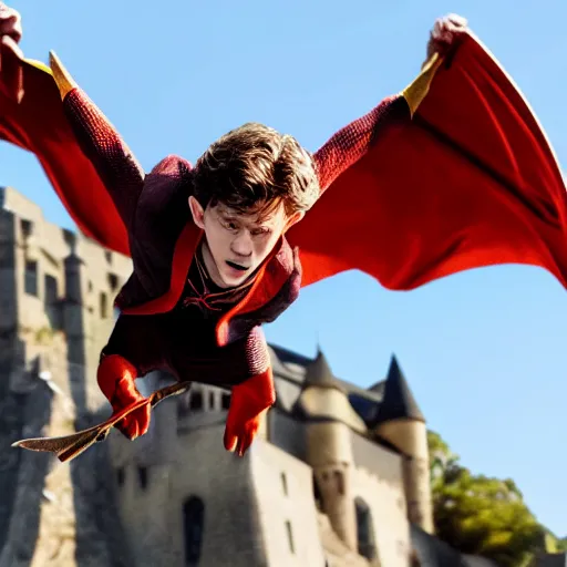 Image similar to tom holland as harry potter flying on dragon, close up, photo