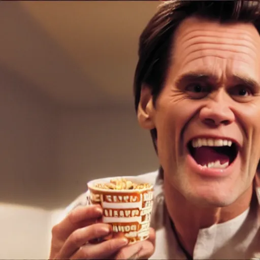Prompt: a cinematic shot of Jim Carrey eating a bowl of cereal, film grain, 8k