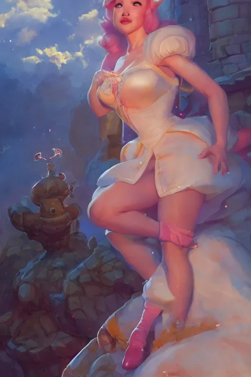 Image similar to Emilia Clarke as the princess peach by Gil Elvgren Stanley Artgerm Lau, WLOP, James Jean, Andrei Riabovitchev, Marc Simonetti, Yoshitaka Amano, ArtStation, CGSociety, cinematic lighting, god ray, starlit shining eyes