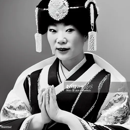 Prompt: A close up shot, colored black and white Russian and Japanese mix historical fantasy a photograph portrait taken at the empress and emperor's royal wedding breakfast, a collection of sandwiches and canapés was served, mixing traditional Japanese choices with some Russian influences, professional corporate portrait, warm lighting, 1907 photo from the official wedding photographer for the royal wedding. Cinematic, atmospheric lighting, extreme detail, 8K, high detail,