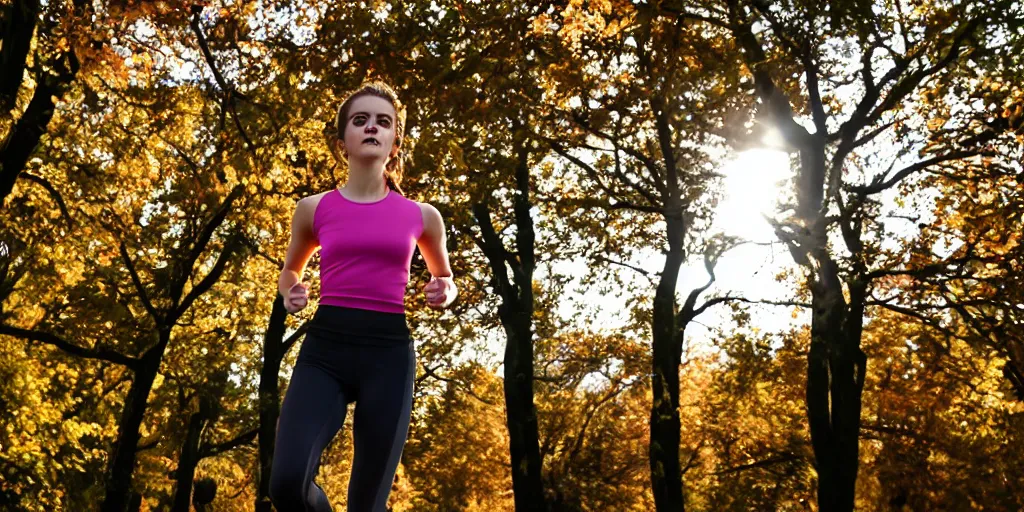 Image similar to A closeup of Emma Watson going for a run in a park during fall, wearing a tight athletic top. Golden Hour Lighting. 4K HD Wallpaper. Premium Prints Available