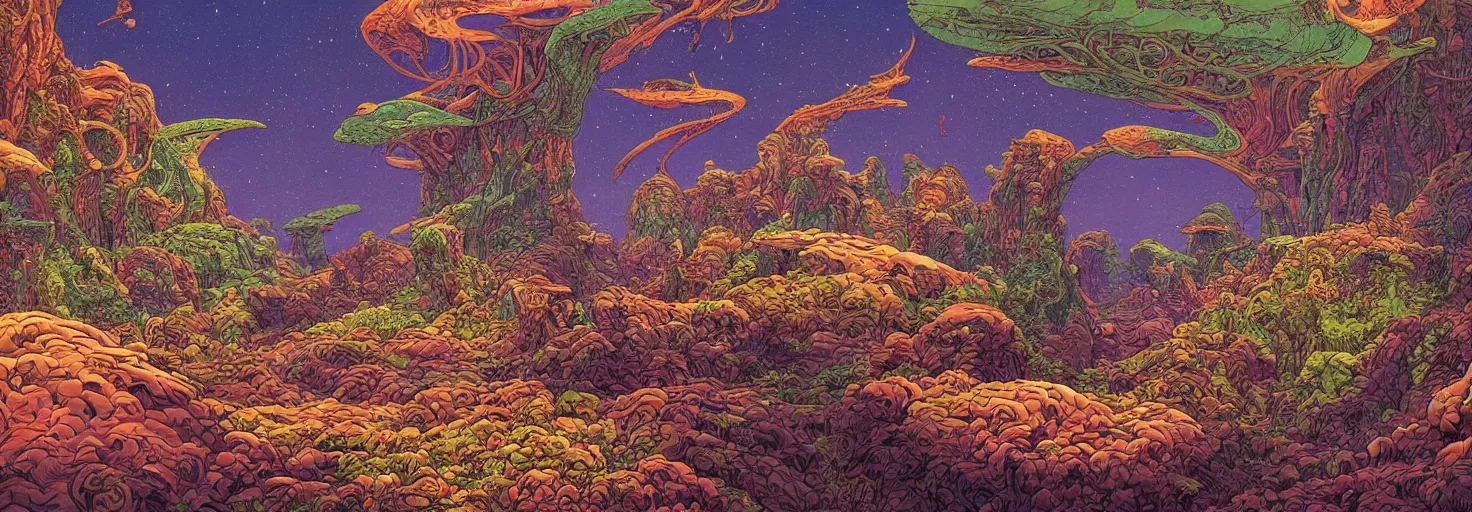 Image similar to beautiful landscape mural of an alien planet, lush landscape, vivid colors, intricate, highly detailed, masterful, fantasy world, in the style of moebius