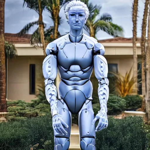 Image similar to made of ice, a realistic detailed photo of a guy who is an attractive humanoid who is half robot and half humanoid, who is a male android, on display, blank stare, showing off his muscles, shiny skin, posing like a statue, by the pool, frozen ice statue, twitch streamer / gamer ludwig, humanoid robot