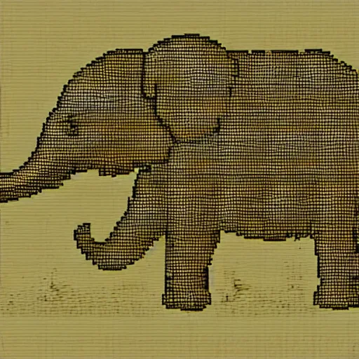 Prompt: a pixelated 1 bit elephant, behind the elephant is a golden sword.