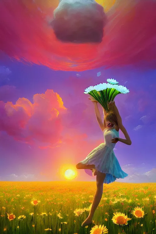 Image similar to giant daisy flower as head, girl dancing in a flower field, surreal photography, sunrise, dramatic light, impressionist painting, colorful clouds, digital painting, artstation, simon stalenhag