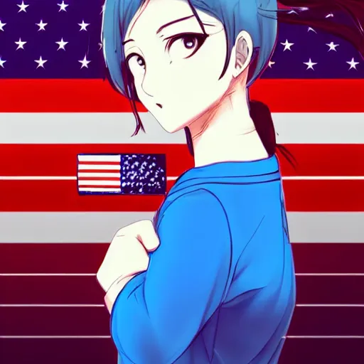 Image similar to a woman in a blue shirt with a american flag on her face, an anime drawing by ei - q, featured on pixiv, superflat, flat colors, commission for, anime