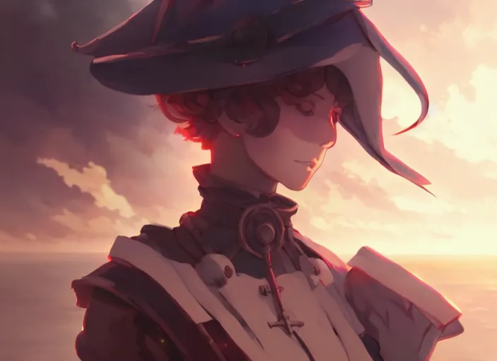 Prompt: inquisitor woman looking at the sea, helm of second world war warship in background, illustration concept art anime key visual trending pixiv fanbox by wlop and greg rutkowski and makoto shinkai and studio ghibli and kyoto animation, grimdark, symmetrical facial features, astral witch clothes, dieselpunk, backlit