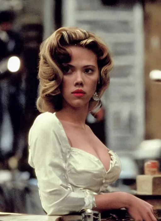 Prompt: movie still of scarlett johannson with a very big bust in goodfellas, directed by martin scorsese