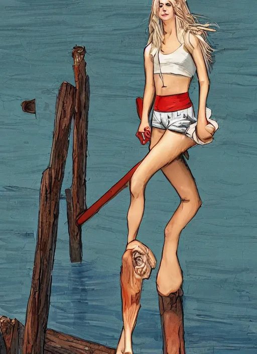 Image similar to , a gorgeous hulking woman with very long hip-length blonde hair, happy sunny day, wearing a cut-off white top and red dirt cut-off shorts standing by the water, beach tennis, modern architecture, in the style of artgerm and moebius and annie liebovitz, marvel comics, photorealistic, highly detailed, trending on artstation, Gediminas Pranckevicius