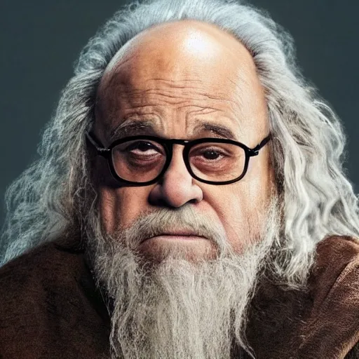 Image similar to danny devito starring as gandalf the white in the 2 0 2 4 lord of the rings movie, full body, hyper realistic, high quality, wide angle, always sunny in philadelphia