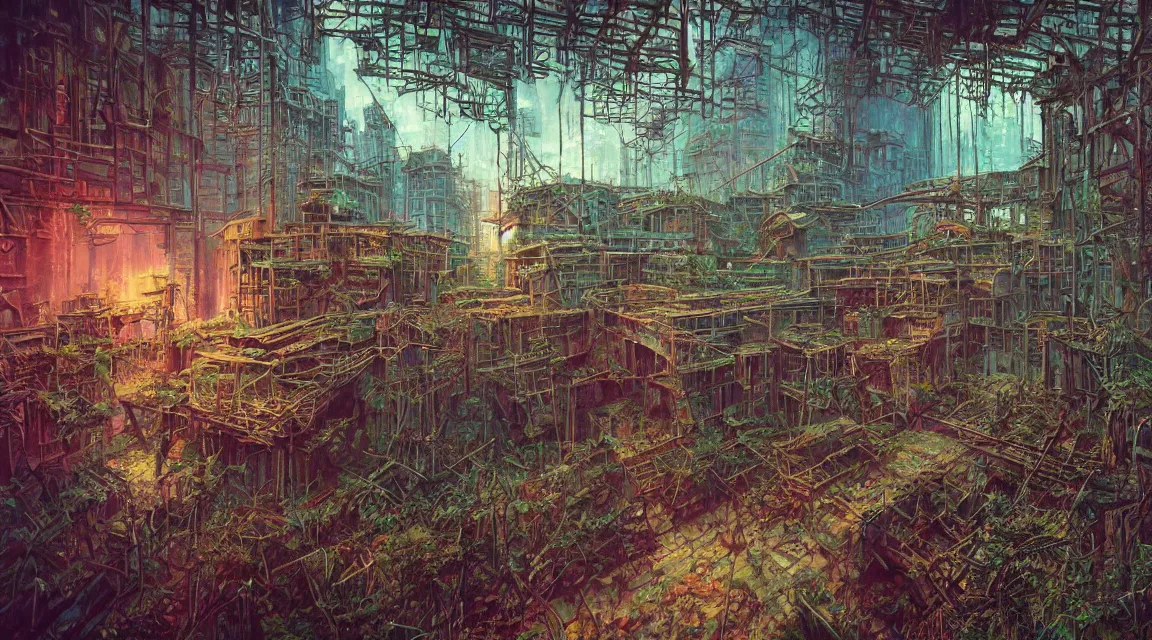 Image similar to Very very very very highly detailed photo, post apocalyptic building, synthwave neon retro, by Vladimir Manyukhin, by Simon Stålenhag, by Zdzisław Beksiński, by Guido Borelli, by Nathan Walsh, by Peter Gric, Wild vegetation, mold, deviantart, trending on artstation, Photorealistic, Incredible Depth, vivid colors, polychromatic, glowing neon, geometric, concept art digital illustration panorama, polished, beautiful, HDR Unreal Engine 64 megapixels IMAX Terragen 4.0, 8k resolution concept art filmic complex utopian mysterious moody futuristic