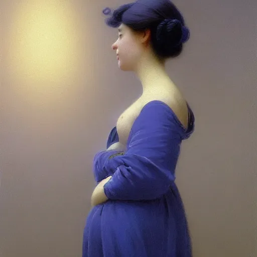 Prompt: a young woman's face, her hair is silver grey and she wears an indigo blue satin cloak, by ivan aivazovsky and syd mead and moebius and gaston bussiere and roger dean and pieter claesz and paul delaroche and alma tadema and aelbert cuyp and donato giancola, hyperrealistic, volumetric light, octane render