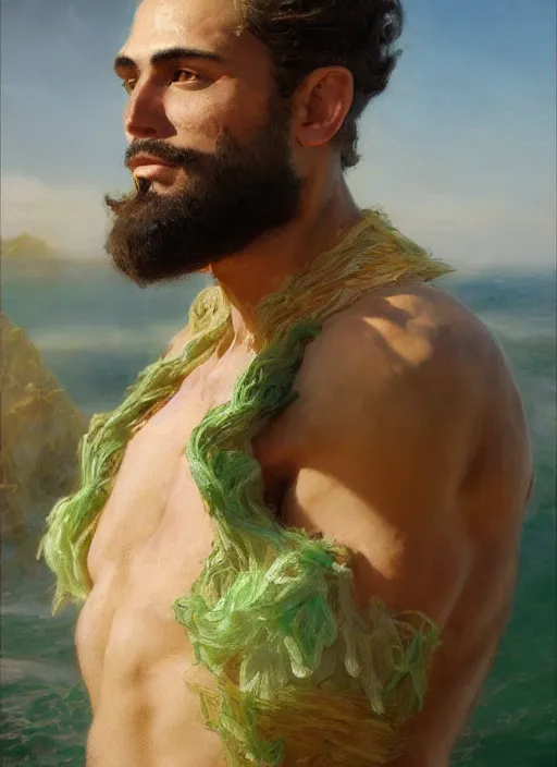 Prompt: detailed cinematic wide shot of muscular attractive young latino man beard slim face symmetrical face tanskin green eyes white hair wearing sea clothes, ultra realistic, spring light, painting by gaston bussiere, craig mullins, j. c. leyendecker