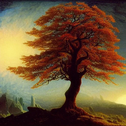 Image similar to a cosmic life tree by caspar david friedrich and albert bierstadt, digital art, artstation, low angle,