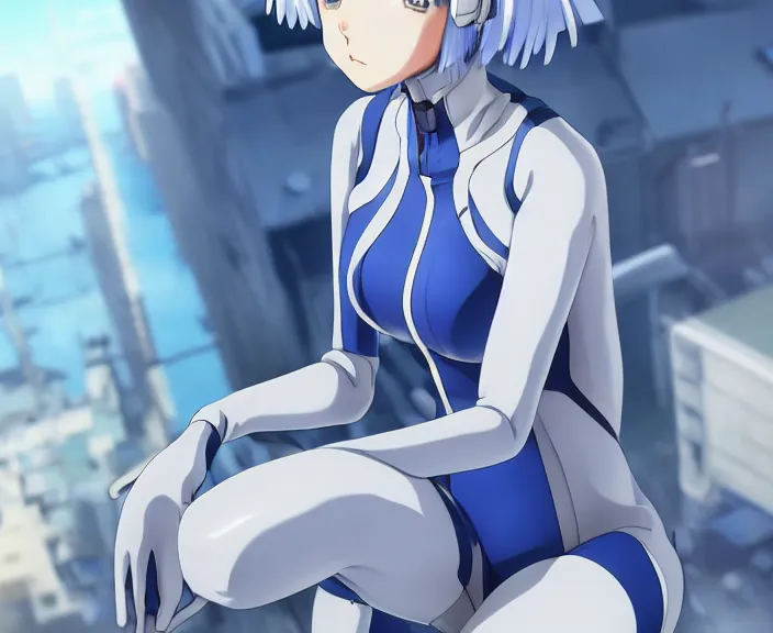 Image similar to anime art, fullbody shot of female rei ayanami, evangelion, long blue hair and large eyes, finely detailed perfect face, in a pale skintight plugsuit, sitting on rooftop, flooded city, trending on pixiv fanbox, by ilya kuvshinov, sola digital arts,, raytracing