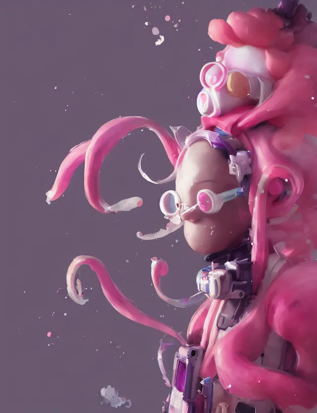 Image similar to a beautiful portrait of a cute splatoon anime male with pink hair. character design by cory loftis, fenghua zhong, ryohei hase, ismail inceoglu and ruan jia. artstation, volumetric light, detailed, photorealistic, fantasy, rendered in octane