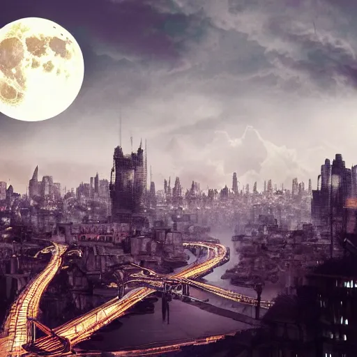 Prompt: full moon above city, urban fantasy style, digital art, matte painting, trending on artstation
