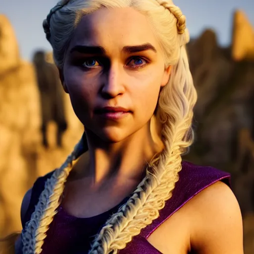 Prompt: Render of Daenerys Targaryen, a cute 3d young woman with platinum blonde hair, elegant fantasy style braids, with vivid purple eyes, serious and stern expression, golden hour, mid-shot, medium shot, hyperdetailed, trending on Artstation, Unreal Engine 4k