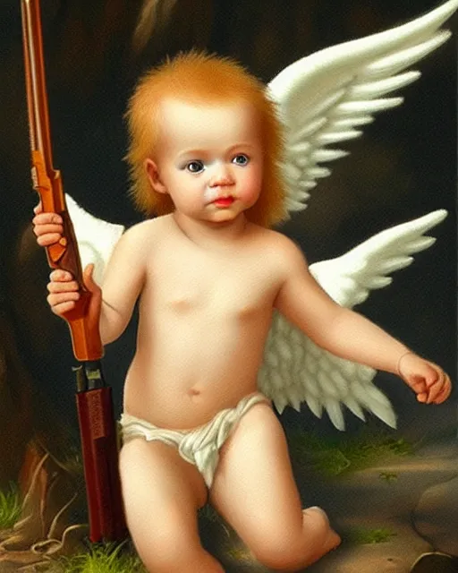 Prompt: fantasy art of a baby angel with shotgun, haven, detailed face