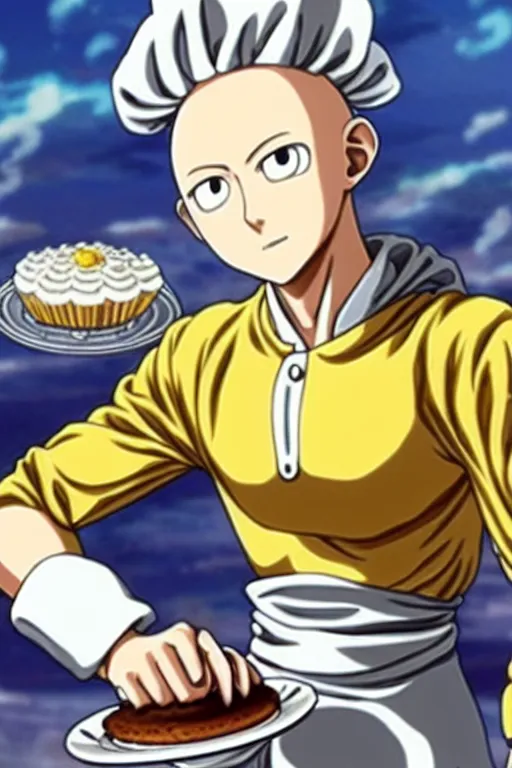 Prompt: chef saitama one punch man, dressed as a pastry chef, making a cake, detailed anime artwork