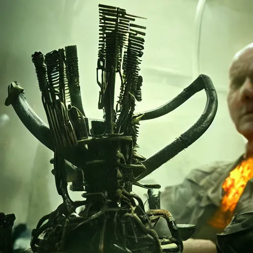 Image similar to intricate object made of rusted old egg beater and forks and knives, balding older cyborg repairing, red hot soldering iron, dark messy smoke - filled cluttered workshop, dark, dramatic lighting, cinematic, highly detailed, sci - fi, futuristic, movie still from blade runner