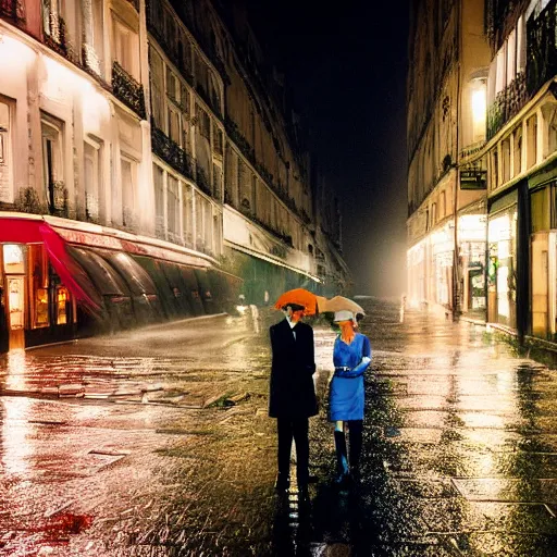 Image similar to street of paris photography, night, rain, mist, lovers holding hands, cinestill 8 0 0 t, in the style of william eggleston