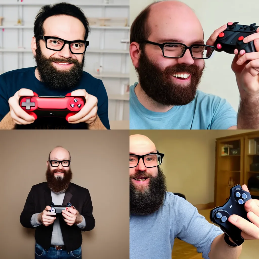 Prompt: Balding man with beard and glasses excited over brand new game console review