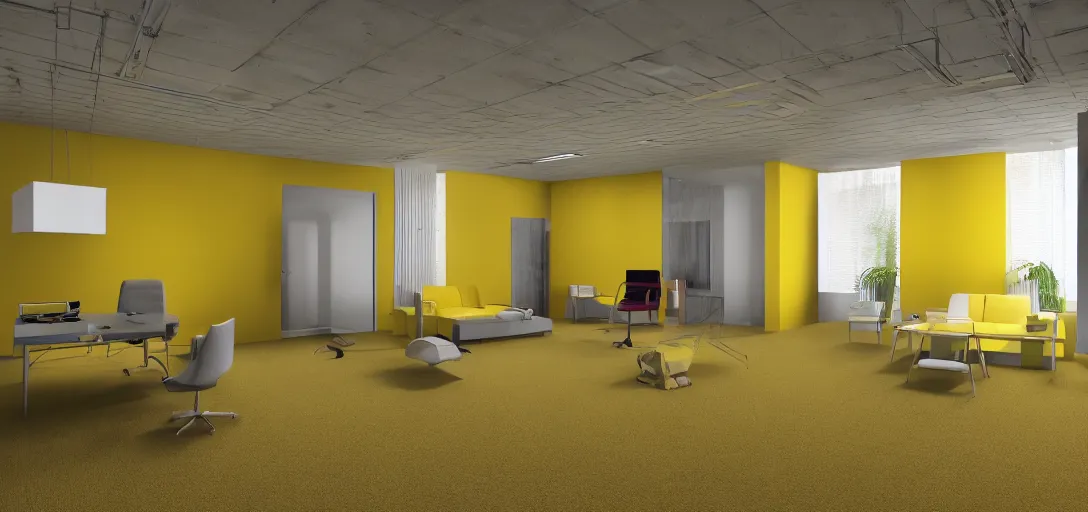 Image similar to backrooms office place yellow walls carpet floor led lights with nobody, bright, 8 k photorealistic, hd, high details, trending on artstation