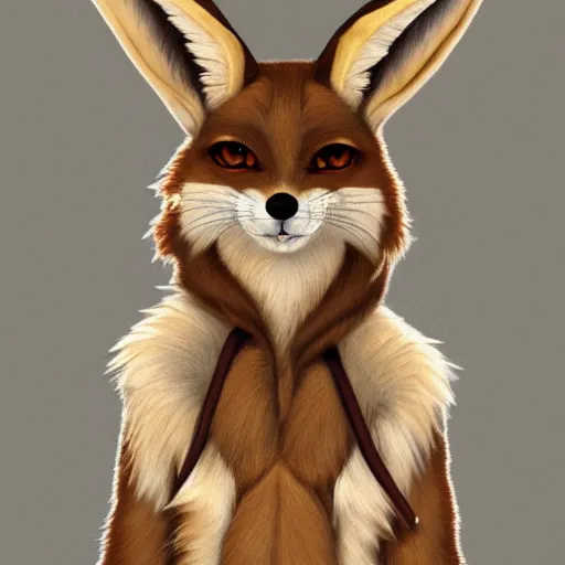 Prompt: a full - body centered front - perspective furry male fursona portrait, a male fennec fursona, mocha swirl color scheme, trending on weasyl, high - resolution, photo realistic