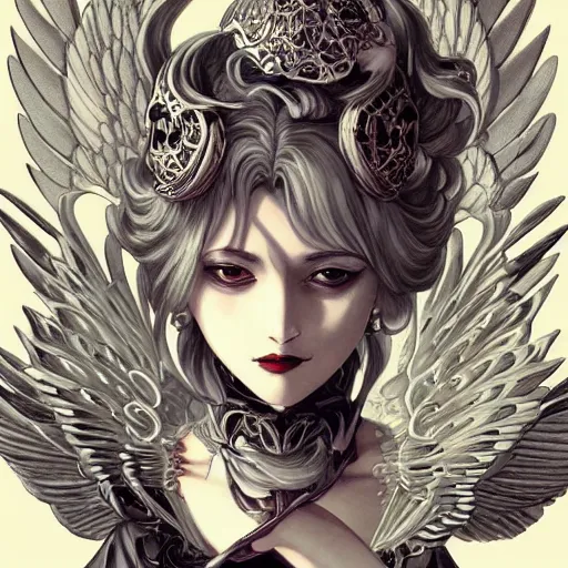 Prompt: anime manga skull portrait young woman with wings, angel halo, skeleton, intricate, elegant, highly detailed, digital art, ffffound, art by JC Leyendecker and sachin teng
