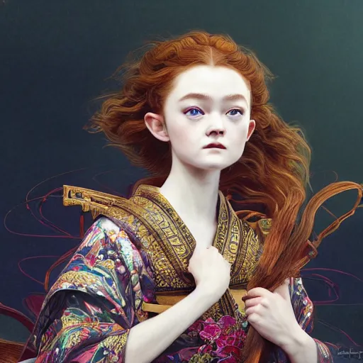 Prompt: a photorealistic dramatic fantasy render of a beautiful woman sadie sink wearing a beautiful intricately detailed japanese monkey kitsune mask and clasical japanese kimono by wlop, artgerm, greg rutkowski, alphonse mucha, epic, beautiful dynamic dramatic dark moody lighting, shadows, cinematic atmosphere, artstation, concept design art, octane render, 8 k