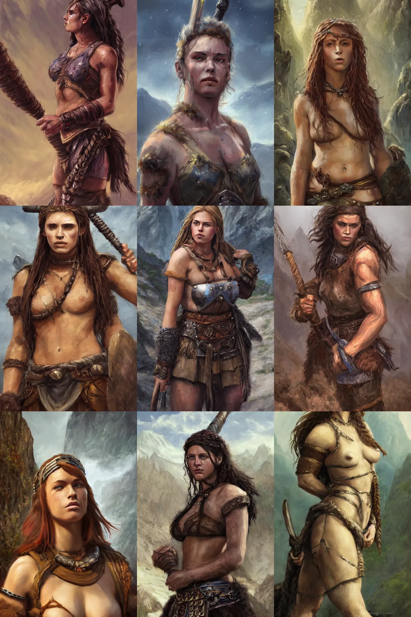 Image similar to a full body high detail fantasy portrait oil painting illustration of a beautiful young rugged stoic barbarian woman by justin sweet with face and body clearly visible, in a scenic background, pupils visible, realistic proportions, d & d, rpg, forgotten realms, artstation trending, high quality, sombre mood, artstation trending, muted colours, entire person visible!