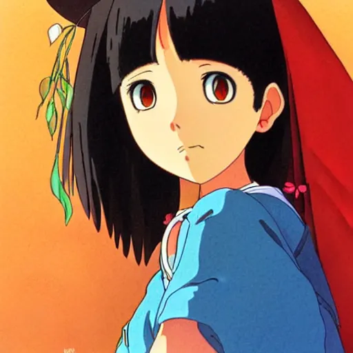 Prompt: beautiful mexican woman, darker tan skin, black hair and brown eyes, studio ghibli art style, art by hayao miyazaki, makoto shinkai