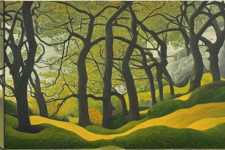 Image similar to masterpiece painting of oak trees on a hillside overlooking a creek, dramatic lighting, by lawren harris