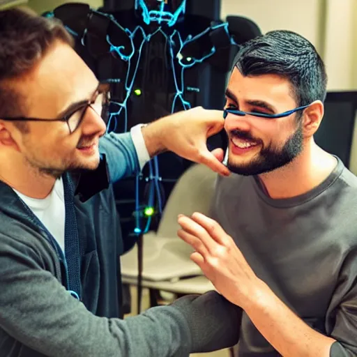 Image similar to a handsome young man showing his friend his new cybernetic enhancements