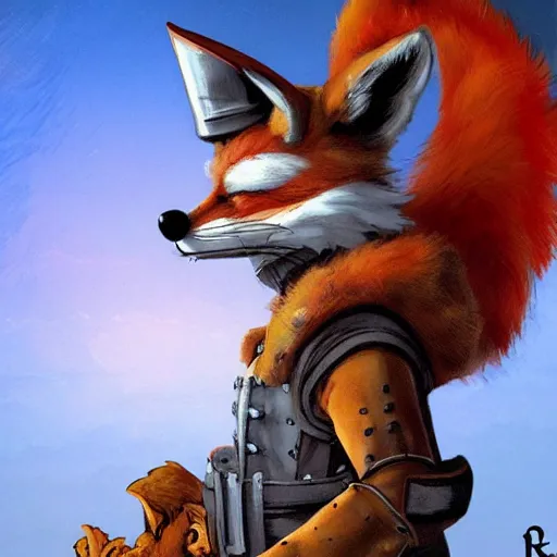 Prompt: a fox soldier mascot character posing for a picture, digital painting, masterpiece by rembrandt and thomas kinkade and frank frazetta and kentaro miura, by reiq and tite kubo, stylized yet realistic faces and anatomy, advanced lighting technology, beautiful, gorgeous brush strokes