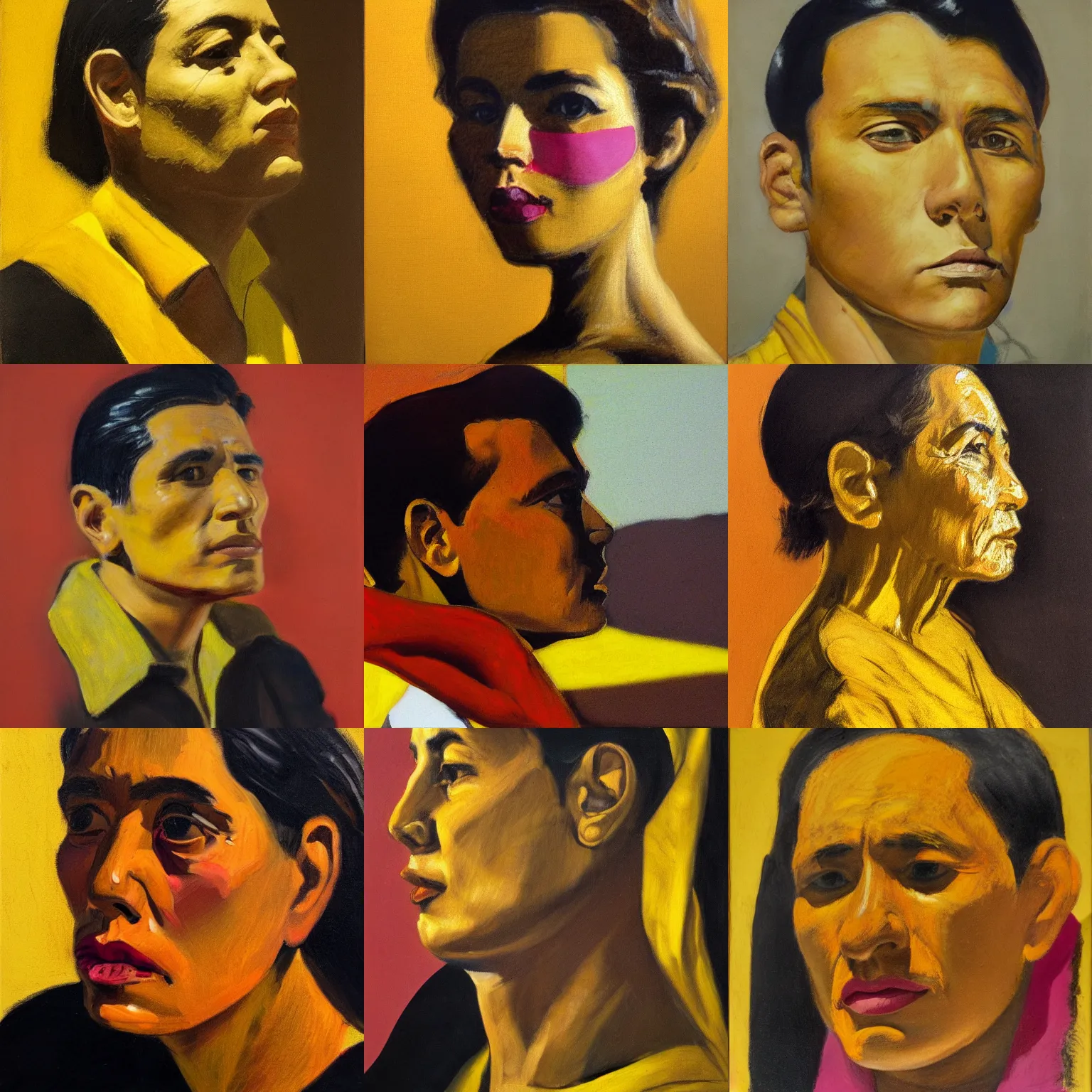 Prompt: profile portrait in peruvian realist style ( 1 9 5 4 ), yellow ochre, quinacridone magenta, mars black, modeled lighting, detailed, expressive, shadows