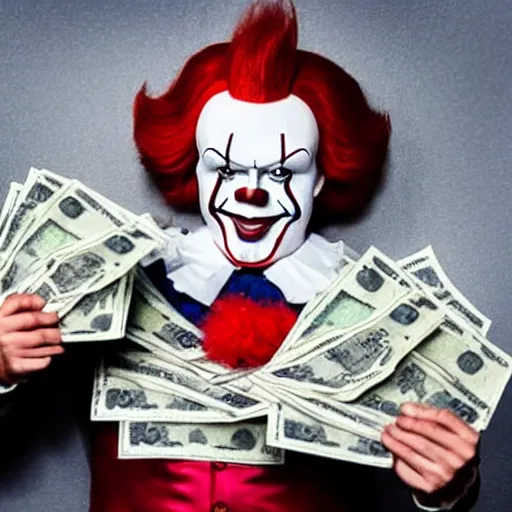 Image similar to Pennywise the clown wearing a suit and holding a stash of banknotes in his hands, full body shot