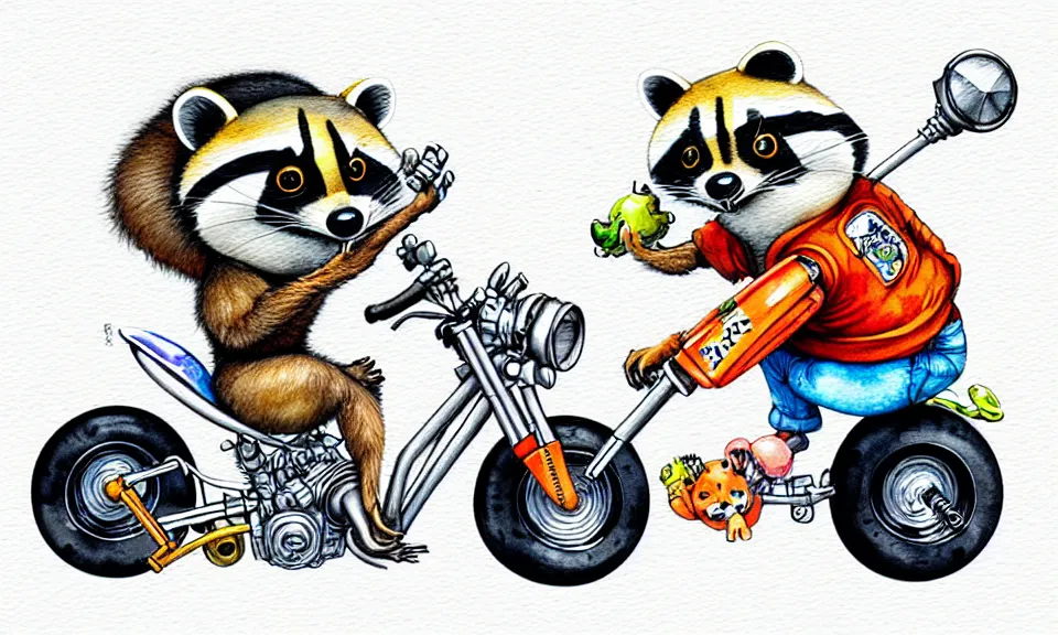 Image similar to cute and funny, racoon wearing a helmet riding in a hot rod with oversized engine, ratfink style by ed roth, centered award winning watercolor pen illustration, isometric illustration by chihiro iwasaki, edited by range murata, tiny details by artgerm and watercolor girl, symmetrically isometrically centered