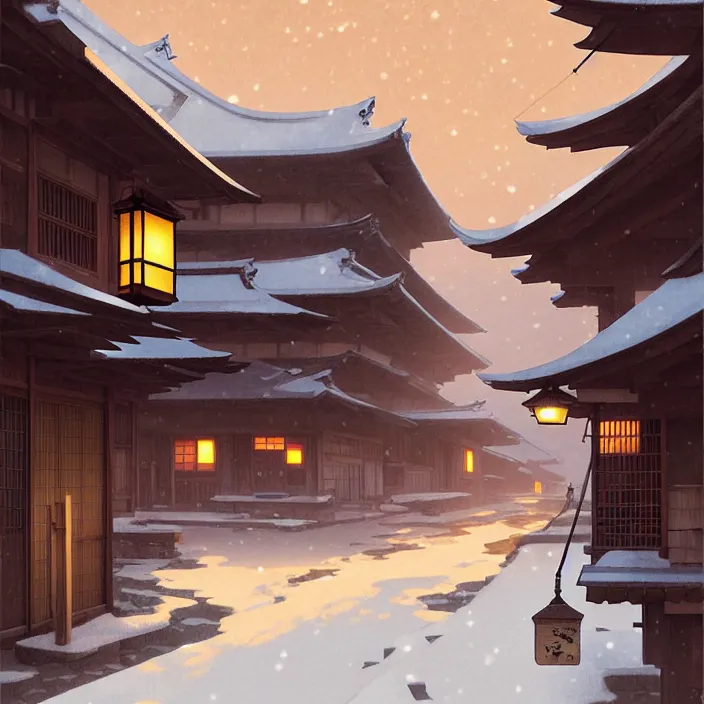 Image similar to empty rural japanese town at night, winter, in the style of studio ghibli, j. c. leyendecker, greg rutkowski, artem